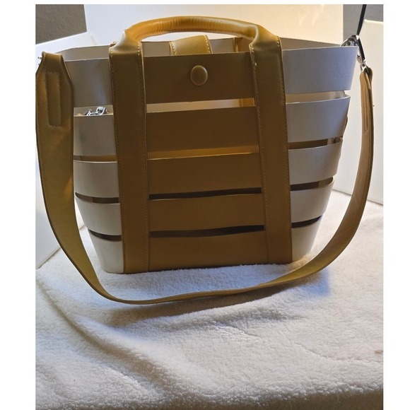 Madison West Tote Bag White Yellow Leather Cutout Tote Shoulder Bag - Picture 2 of 8